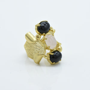 Aylas Rose Quartz and Onyx ring - 21ct Gold plated brass - Handmade in Ottoman Style by Artisan