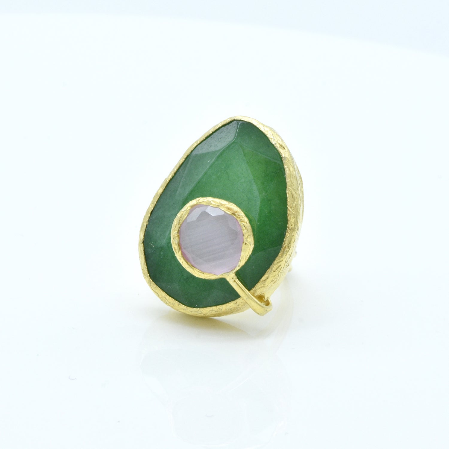 Aylas Jade and Cat-Eye adjustable ring - 21ct Gold plated brass - Handmade in Ottoman Style by Artisan