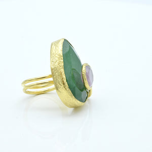 Aylas Jade and Cat-Eye adjustable ring - 21ct Gold plated brass - Handmade in Ottoman Style by Artisan