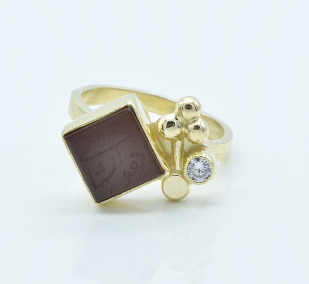 Aylas Agate with Persian Calligraphy ring - 21ct Gold plated brass - Handmade in Ottoman Style by Artisan