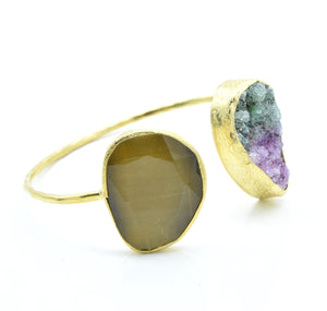 Aylas Cuff/Bracelet with Cat-Ee and Druzy stones -  21ct Gold Plated Brass  - Handmade in Ottoman Style by Artisan