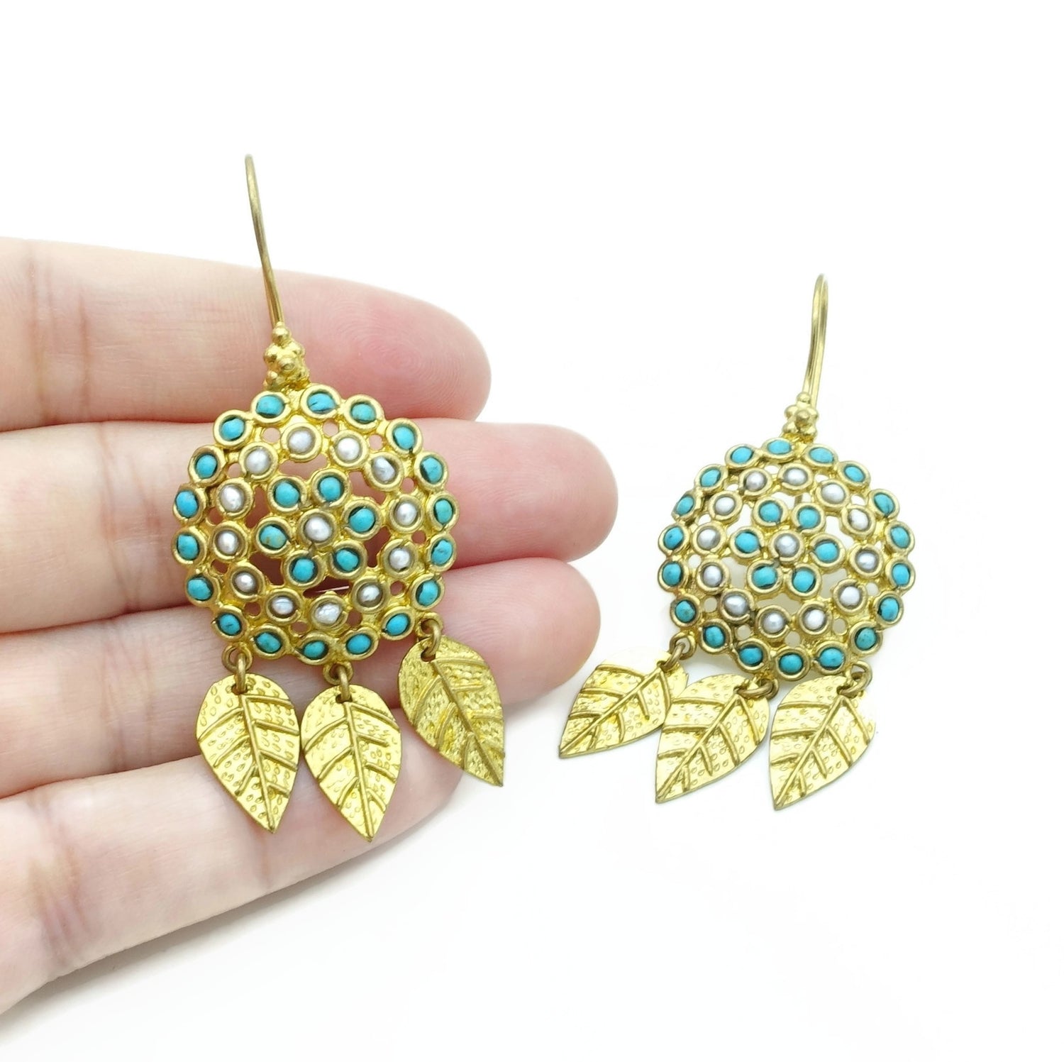 Aylas Turquoise Pearl earrings - 21ct Gold plated semi precious gemstone - Handmade