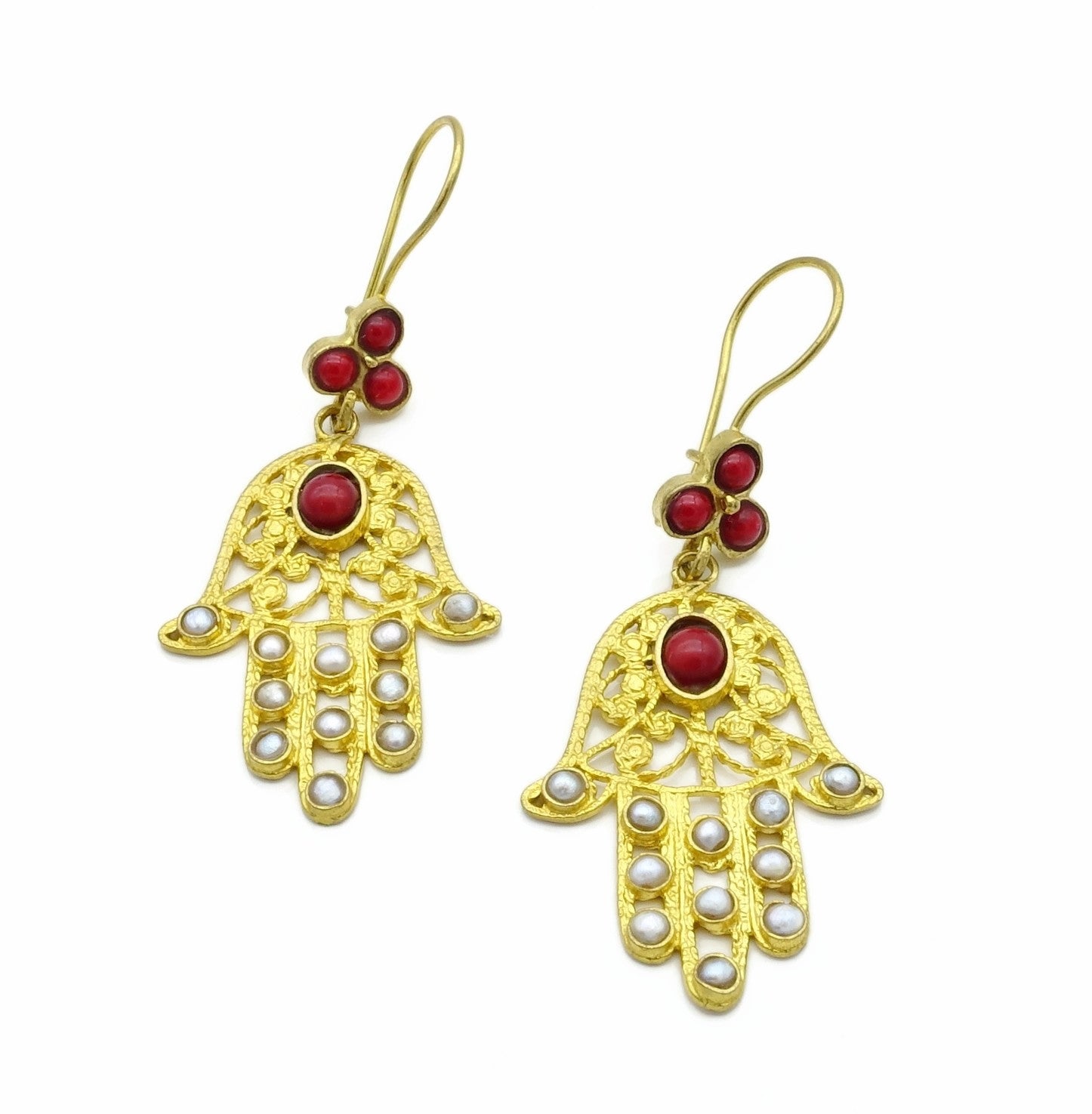 Aylas Pearl Red Coral earrings - 21ct Gold plated semi precious gemstone - Handmade
