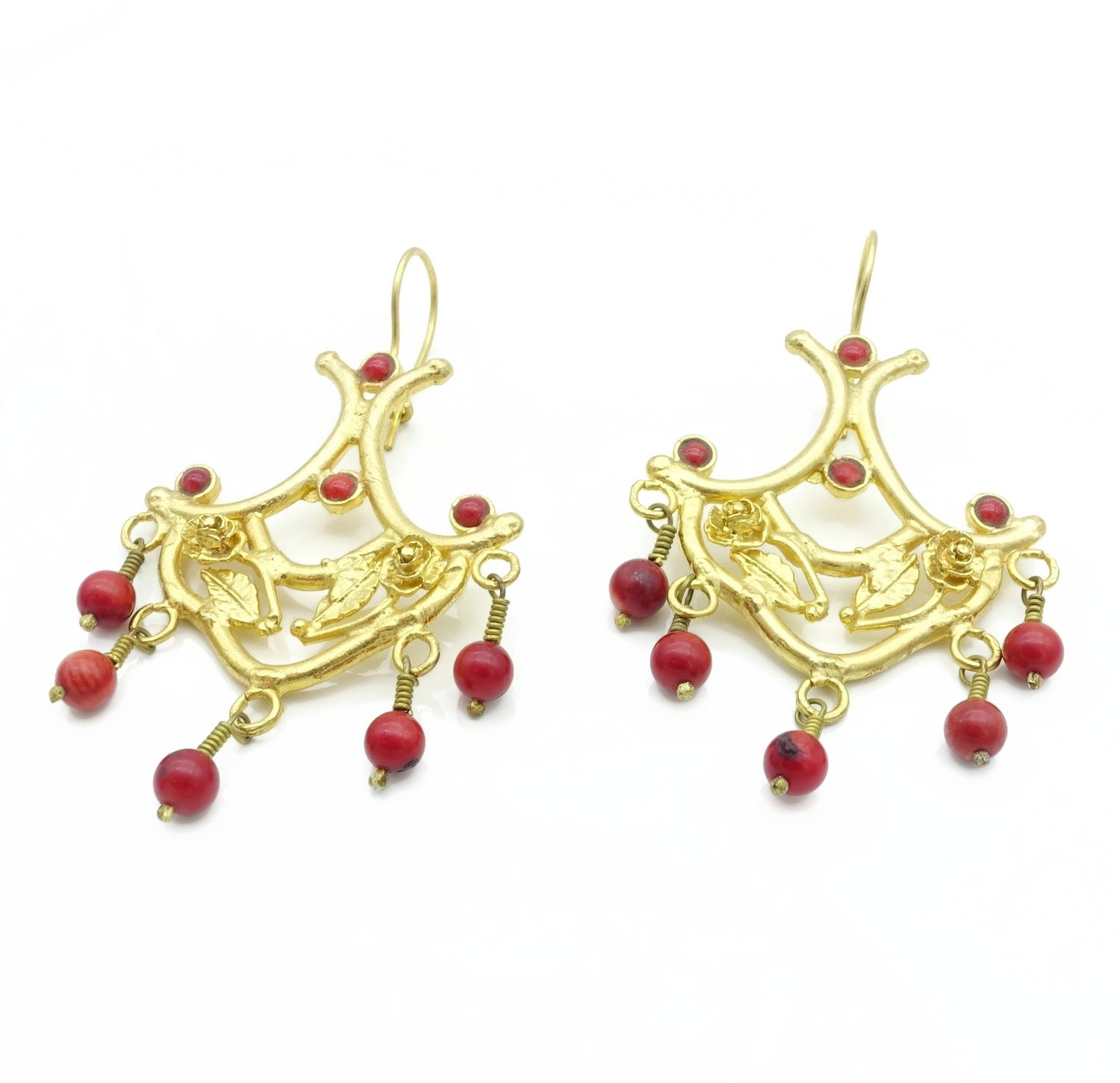 Aylas Red Coral earrings - 21ct Gold plated semi precious gemstone - Handmade