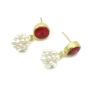 Aylas Pearl, Red Coral semi precious gemstone earrings - 21ct Gold plated handmade- Ottoman style