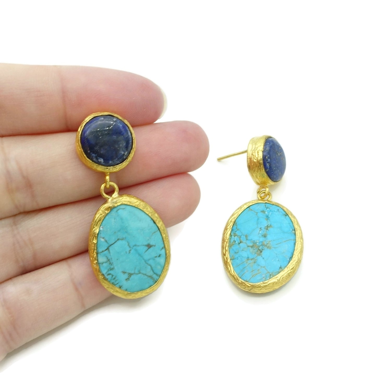 Aylas Turquoise Lapis lazuli semi precious gemstone earrings - 21ct Gold plated handmade