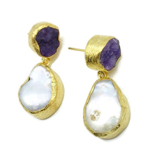 Aylas Pearl, Amethyst semi precious gemstone earrings - 21ct Gold plated handmade