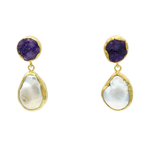Aylas Pearl, Amethyst semi precious gemstone earrings - 21ct Gold plated handmade