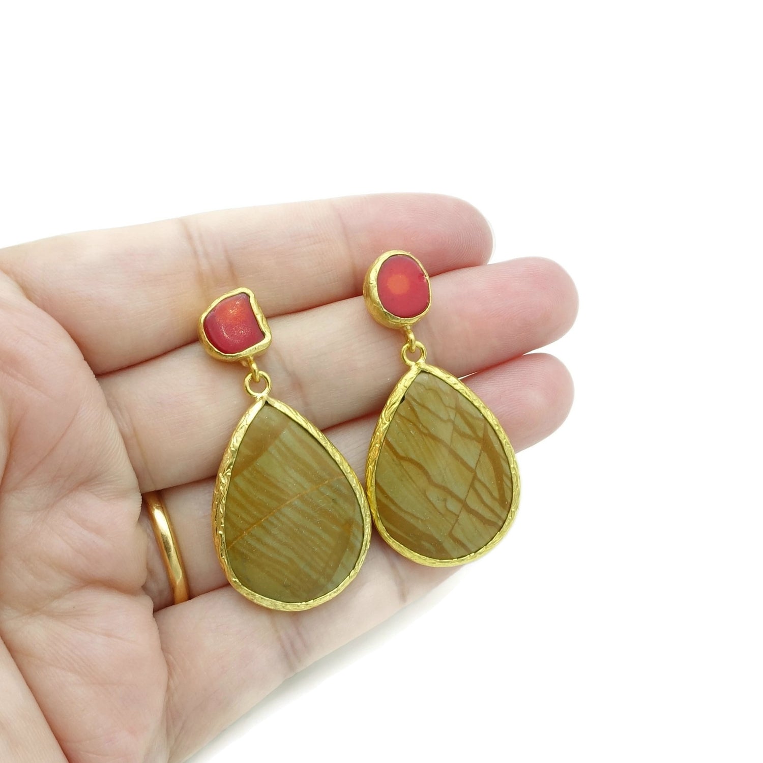 Aylas Jasper, Coral semi precious gemstone earrings - 21ct Gold plated- Handmade