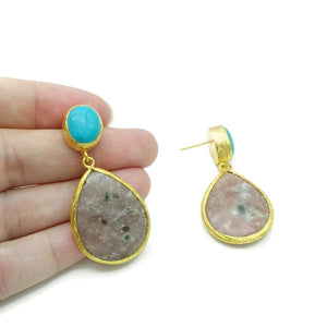 Aylas Turquoise, Jasper semi precious gemstone earrings - 21ct Gold plated- Handmade