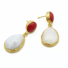 Aylas Moon stone, Red Coral earrings - 21ct Gold plated semi precious gemstone - Handmade in Ottoman Style by Artisan