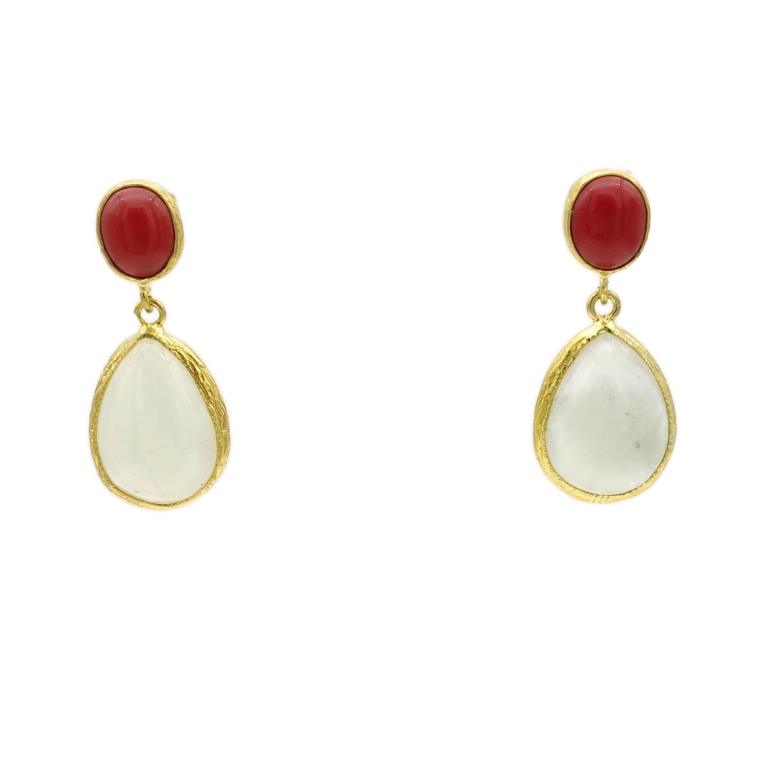 Aylas Moon stone, Red Coral earrings - 21ct Gold plated semi precious gemstone - Handmade in Ottoman Style by Artisan