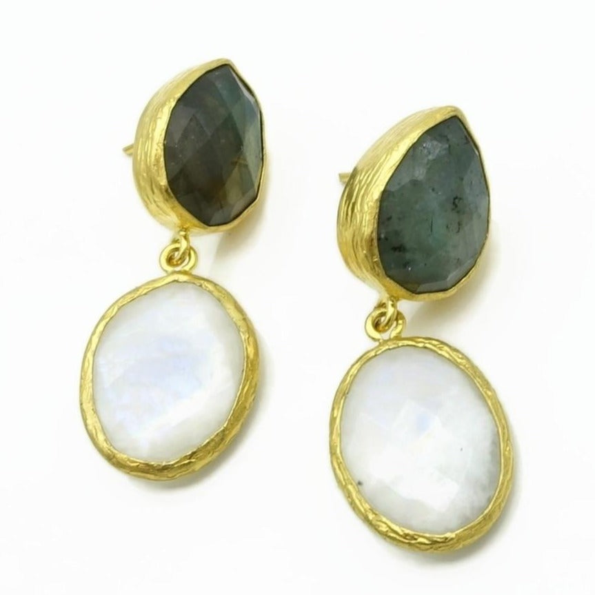 Aylas Moon stone, Labradorite earrings - 21ct Gold plated semi precious gemstone - Handmade in Ottoman Style by Artisan