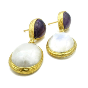 Aylas Moon stone, Agate earrings - 21ct Gold plated semi precious gemstone - Handmade in Ottoman Style by Artisan