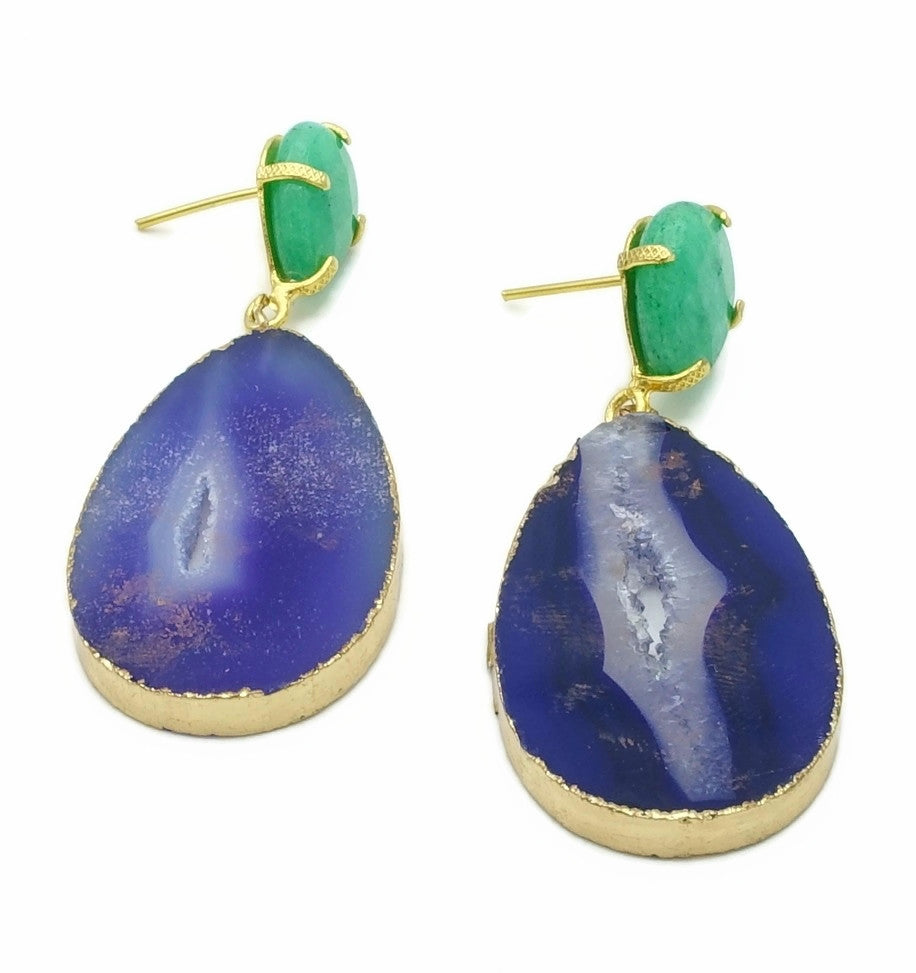 Aylas Agate slice, Jade semi precious gemstone earrings - 21ct Gold plated- Handmade