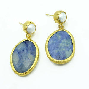 Aylas Pearl Lapis Lazulli earrings 21ct Gold plated semi precious gemstone - Handmade
