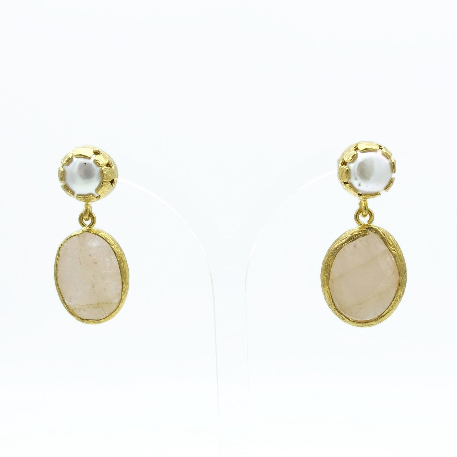 Aylas Pearl Rose quartz earrings 21ct Gold plated semi precious gemstone - Handmade