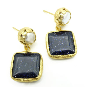 Aylas Pearl Gold stone earrings 21ct Gold plated semi precious gemstone - Handmade