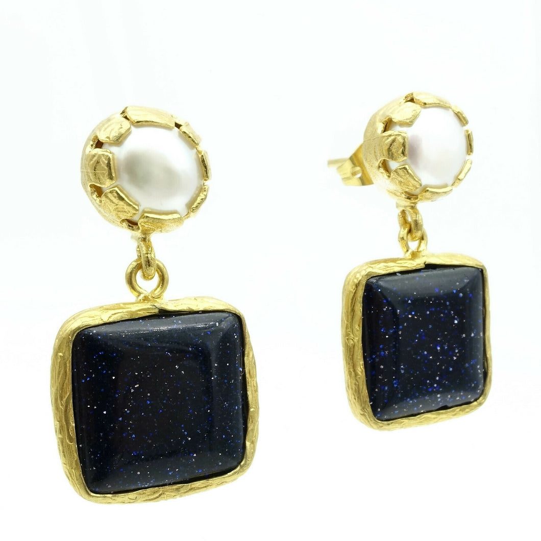 Aylas Pearl Gold stone earrings 21ct Gold plated semi precious gemstone - Handmade