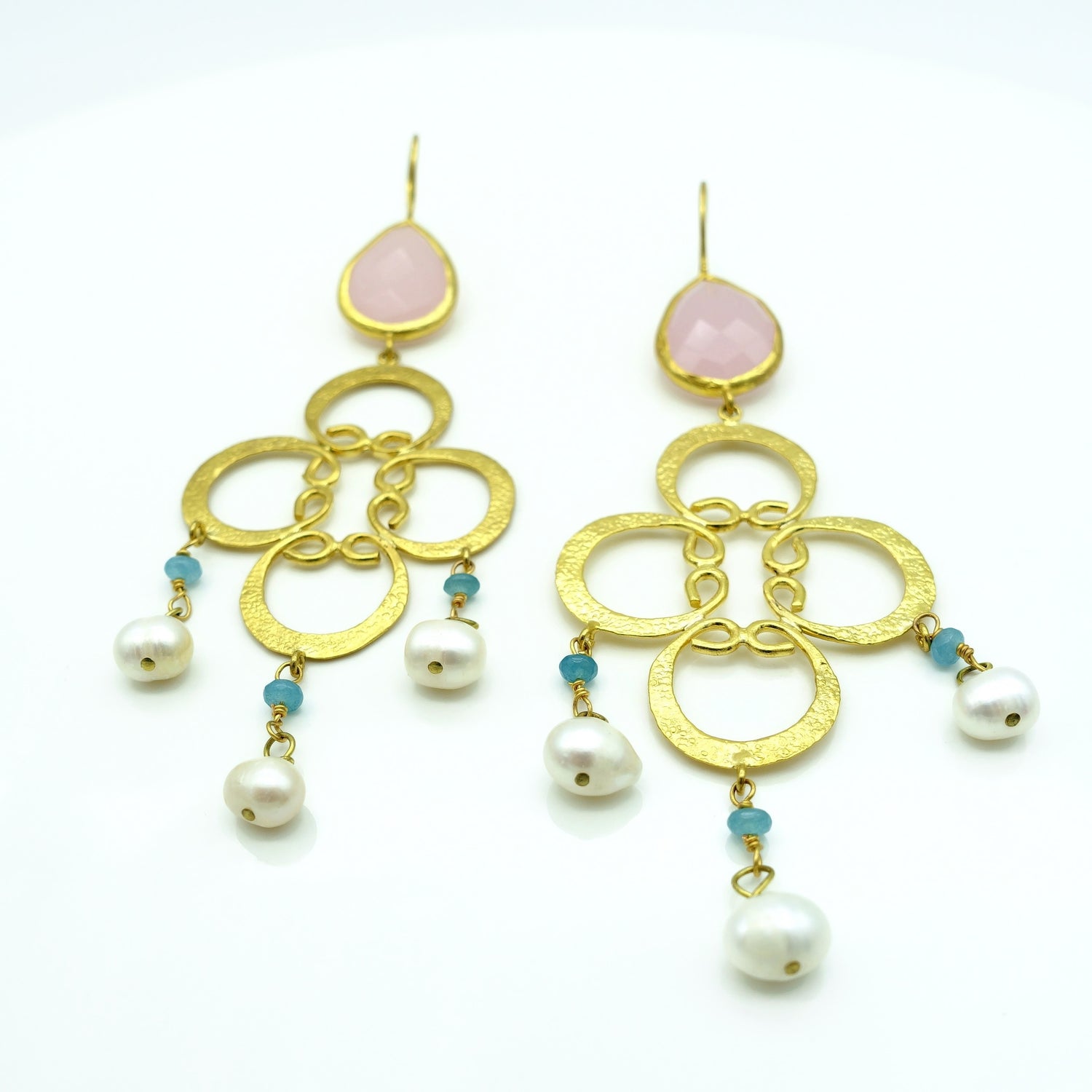 Aylas Pearl Rose quartz earrings 21ct Gold plated semi precious gemstone - Handmade