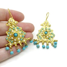 Aylas  Turquoise, Pearl earrings 21ct Gold plated semi precious gemstone - Handmade