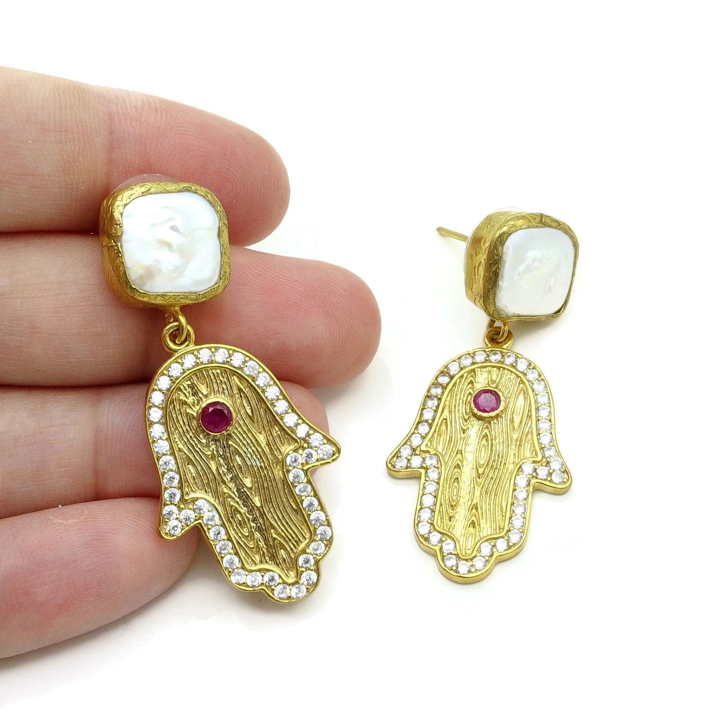 Aylas  Pearl, Zircon earrings 21ct Gold plated semi precious gemstone - Handmade