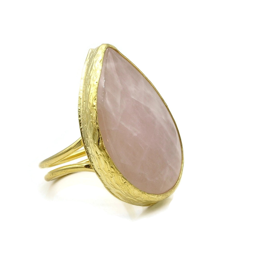 Aylas Rose Quartz semi precious gemstone ring - 21ct Gold plated brass - Handmade