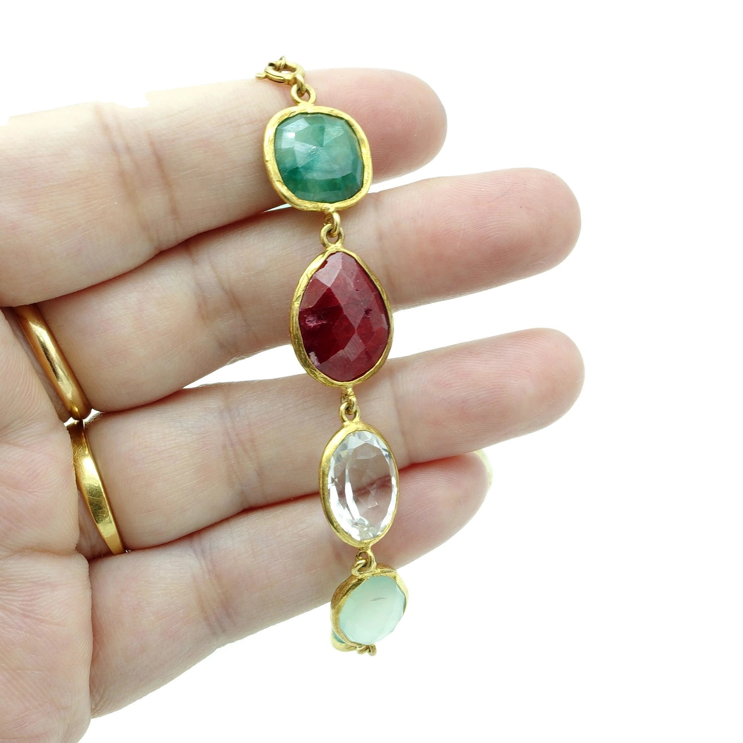 22ct gold plated Bracelet in Aquamarine Ruby Amethyst Multi semi precious gemstones