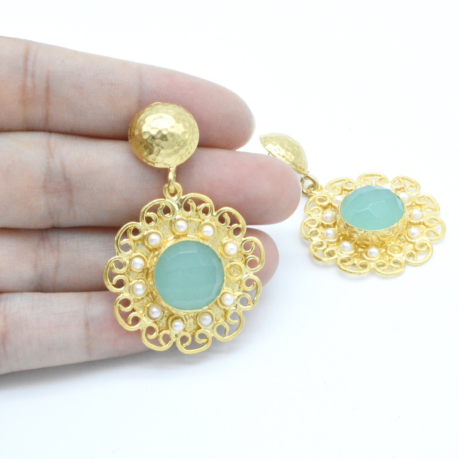 Aylas Ottoman Gold plated Chalcedony semi precious gem stone earrings. - Ottoman Handmade Jewellery Hand Made Gold Plated
