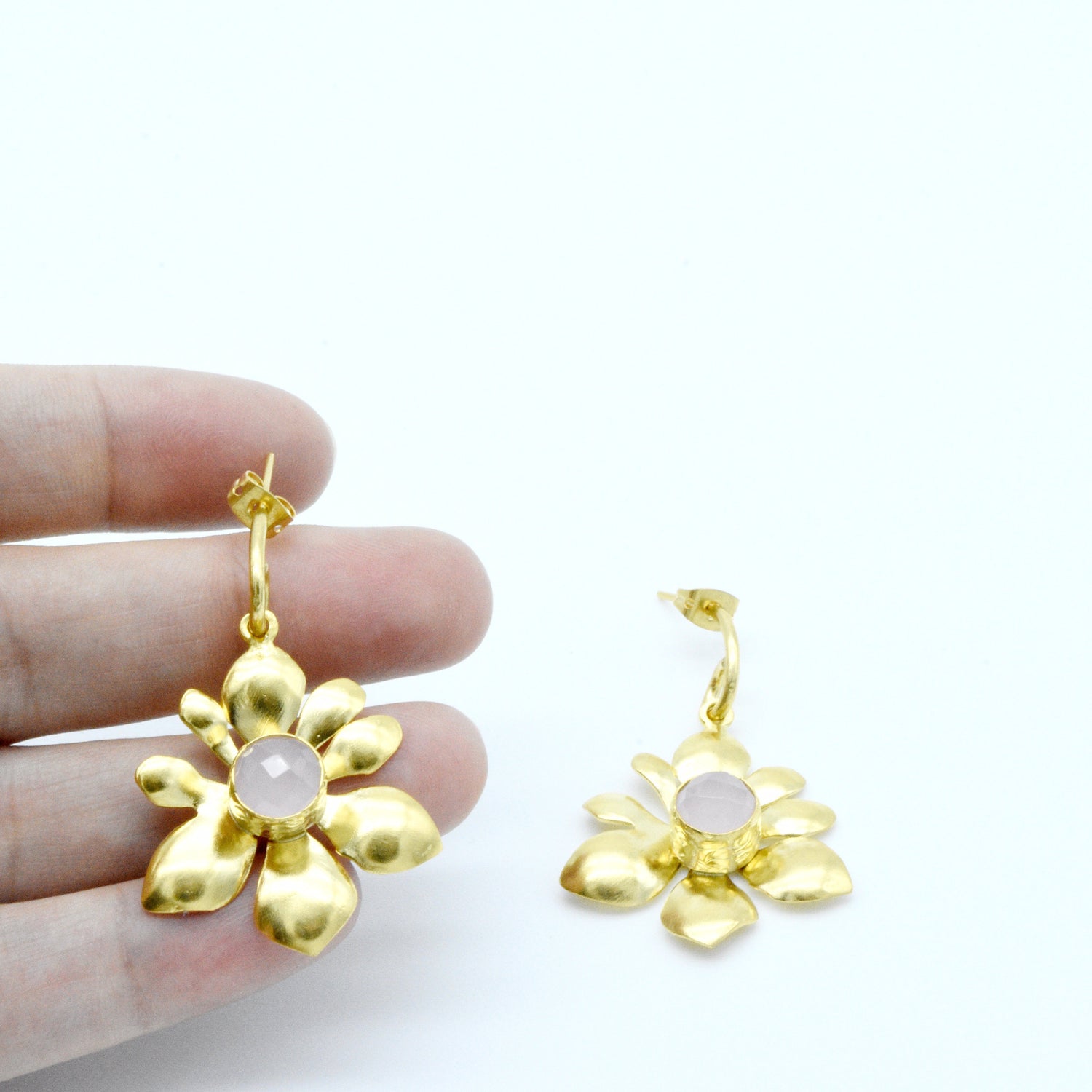 Aylas Ottoman Gold plated Rose quartz semi precious gem stone earrings. - Ottoman Handmade Jewellery Hand Made Gold Plated
