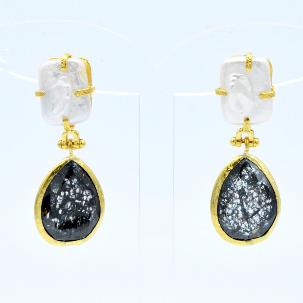 Aylas gold plated semi precious gem stone Cat eye, Pearl earrings - Ottoman Handmade Jewellery Hand Made Gold Plated