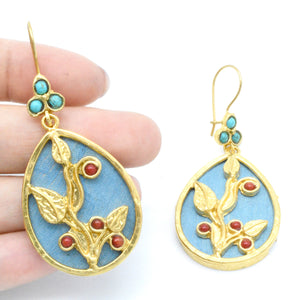 Aylas Red coral & Turquoise earrings - Gold plated semi-precious gemstone - Handmade in Ottoman style
