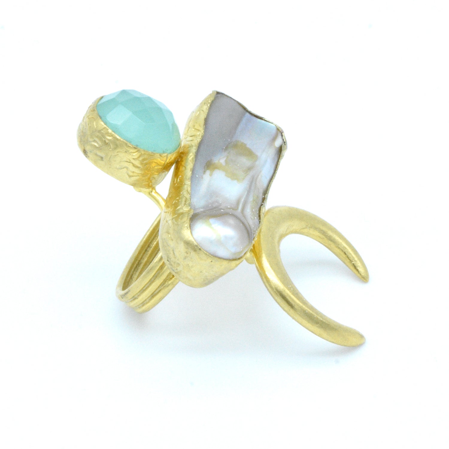 Aylas Baroque pearl, Aqua Chalcedony Ring - 21ct Gold plated semi precious gemstone - Handmade in Ottoman Style by Artisan