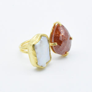 Aylas Pearl ans Crackled Zircon Ring - 21ct Gold plated semi precious gemstone - Handmade in Ottoman Style by Artisan