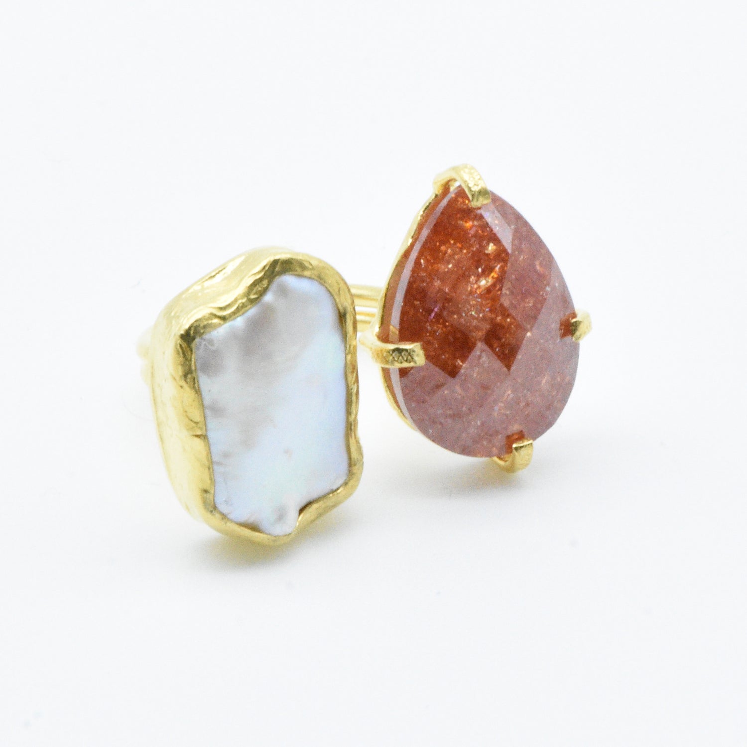 Aylas Pearl ans Crackled Zircon Ring - 21ct Gold plated semi precious gemstone - Handmade in Ottoman Style by Artisan