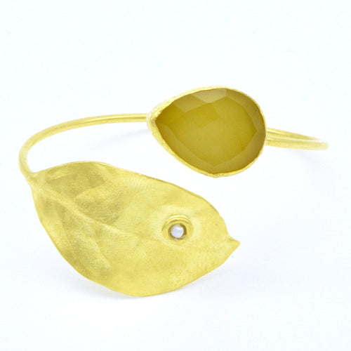 Aylas Chalcedony leaf cuff/ bracelet - Gold plated semiprecious gemstone - Handmade in Ottoman Style