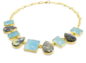 Aylas gold plated semi precious gem stone Aqua Marine and Labradorite - Ottoman Handmade Jewellery Hand Made Gold Plated
