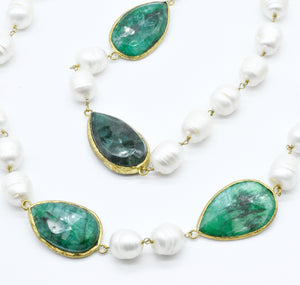 Aylas gold plated semi precious gem stone Baroque Pearl Emerald Necklace - Ottoman Handmade Jewellery Hand Made Gold Plated