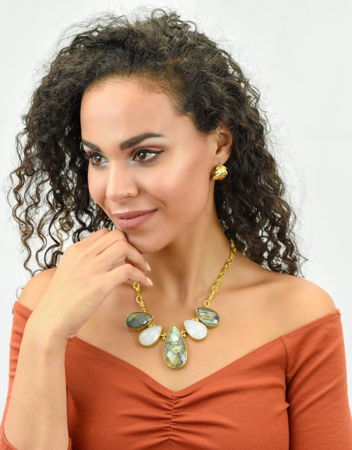 Aylas gold plated semi precious gem stone Chalcedony and Labradorite necklace - Ottoman Handmade Jewellery Hand Made Gold Plated