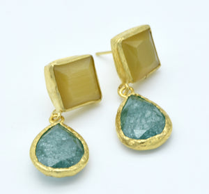 Aylas Crackled Zircon and Cat Eye earrings - 21ct Gold plated semi precious gemstone - Handmade in Ottoman Style by Artisan