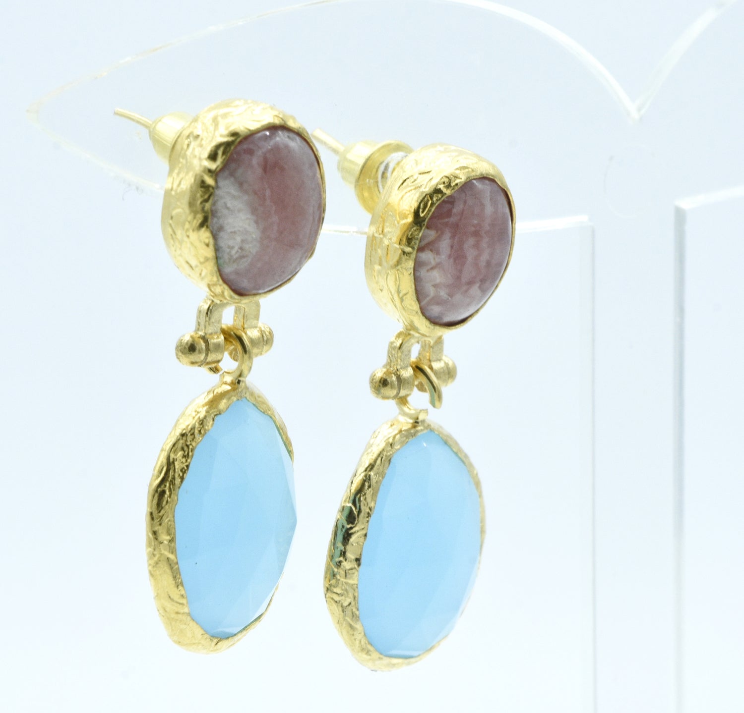 Aylas Agate and Aqua Marine earrings - 21ct Gold plated semi precious gemstone - Handmade in Ottoman Style by Artisan