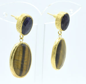 Aylas Tiger eye and Agate earrings - 21ct Gold plated semi precious gemstone - Handmade in Ottoman Style by Artisan