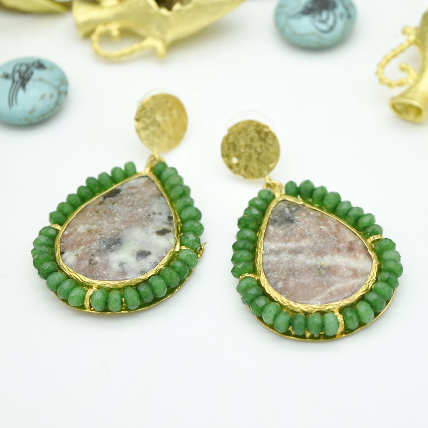 Aylas Jasper Jade semi precious gemstone earrings - 21ct Gold plated Handmade