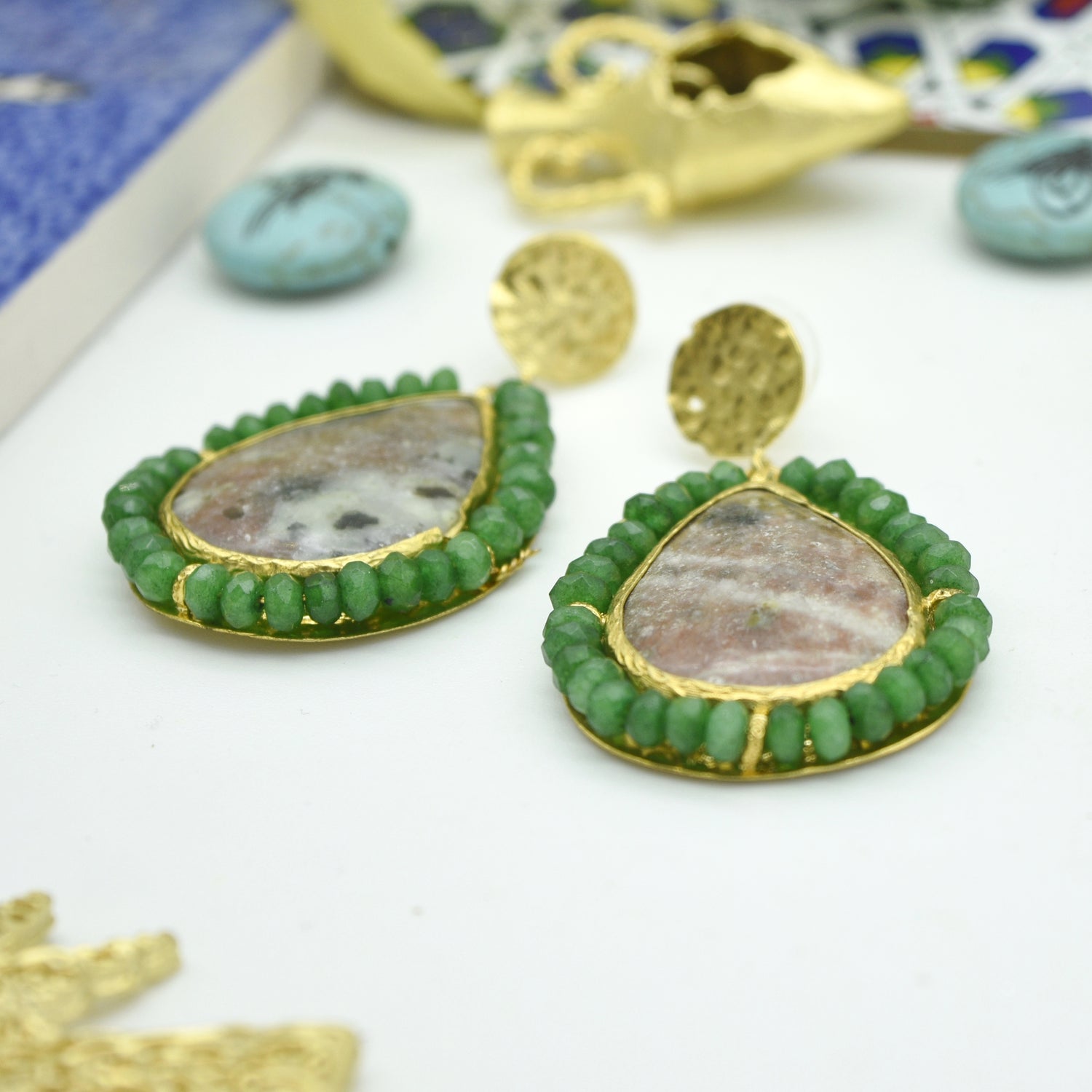 Aylas Jasper Jade semi precious gemstone earrings - 21ct Gold plated Handmade