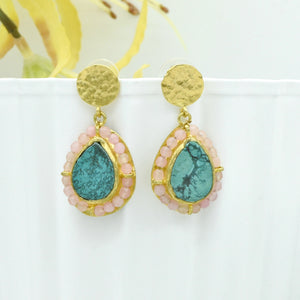 Aylas Rose quartz, Turquoise semi precious gemstone earrings - 21ct Gold plated Handmade