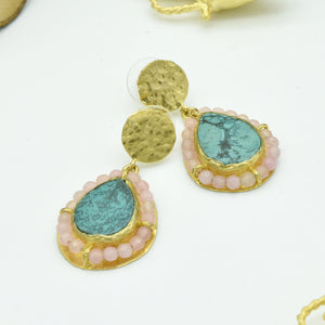 Aylas Rose quartz, Turquoise semi precious gemstone earrings - 21ct Gold plated Handmade