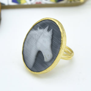 Aylas Cateye cameo semi precious gemstone adjustable ring - 21ct Gold plated brass Handmade