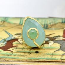 Aylas Chalcedony Jade semi precious gemstone adjustable ring - 21ct Gold plated brass