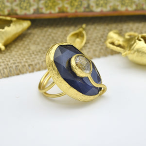 Aylas Tiger eye, Cateye semi precious gemstone adjustable ring - 21ct Gold plated brass