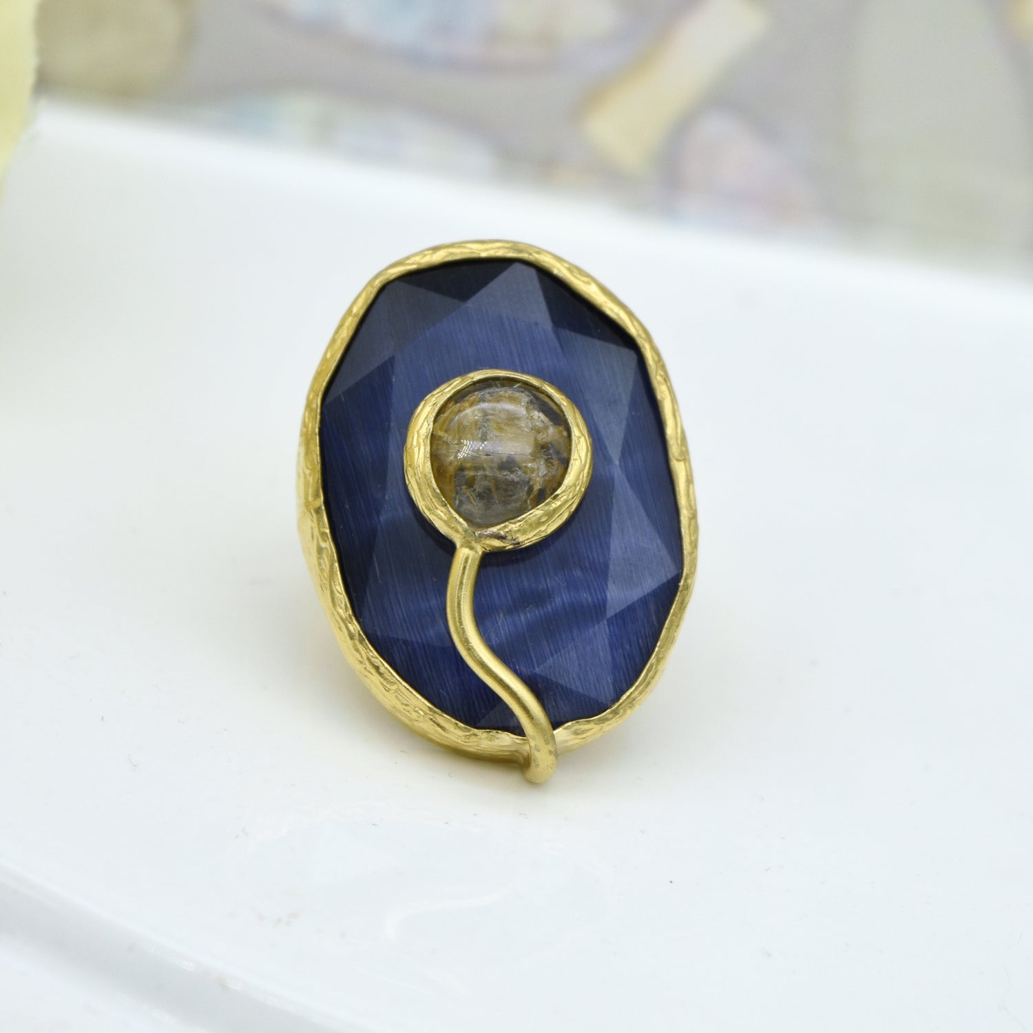 Aylas Tiger eye, Cateye semi precious gemstone adjustable ring - 21ct Gold plated brass